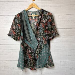Anthropologie Tiny Blouse Womens Size Medium Teal Floral Geometric Sheer Wrap